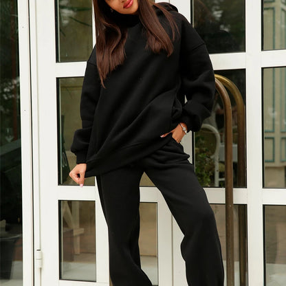 Women Fleece Two Piece Sets Elegant Solid Color Oversized Warm Hoodies and Long Pant Sports Suit Autumn Winter Tracksuit 2023